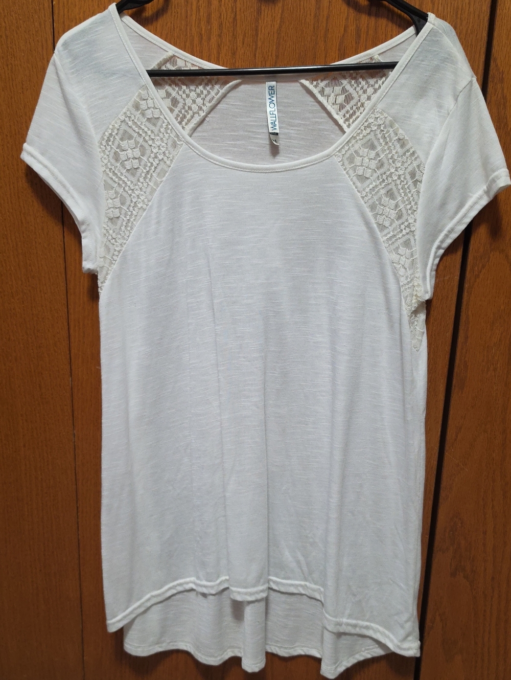 Wallflower Short-Sleeve Scoop Neck Top with Lace Insets